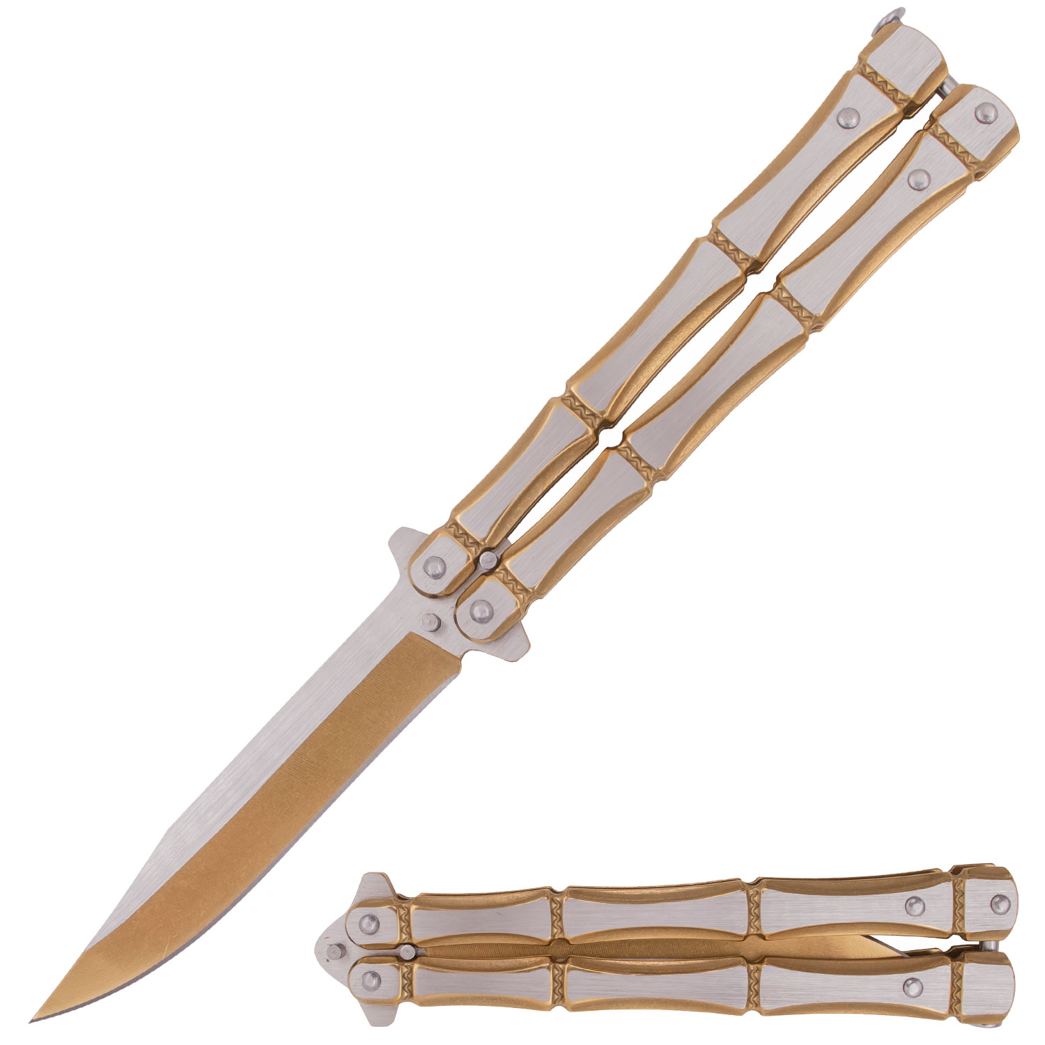 9.10 Inch Solid Steel Skull Butterfly Folding Knife (Skeleton Bones) Gold